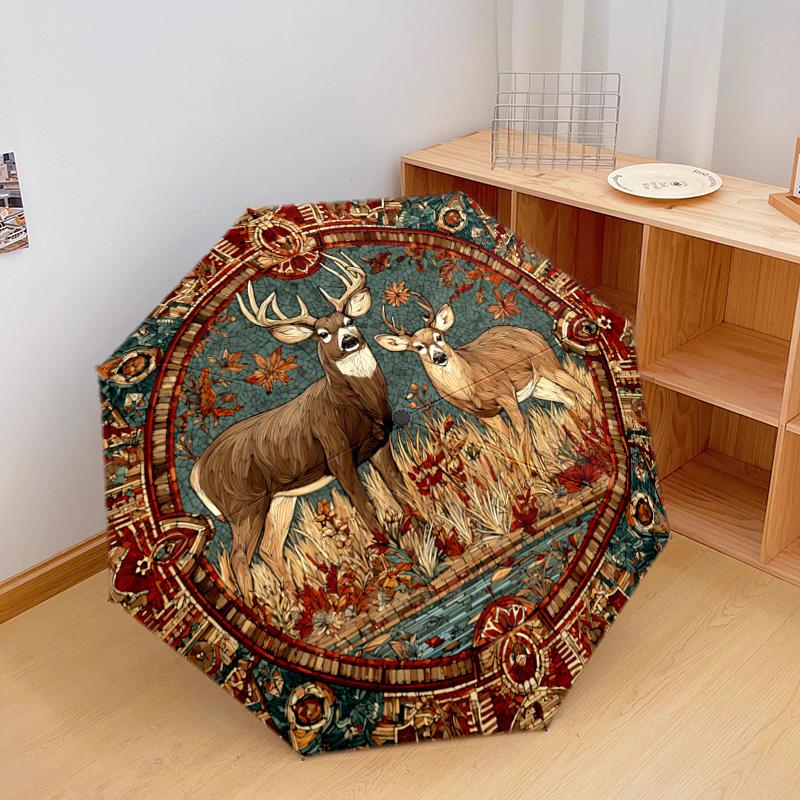 1 Pezzo Ombrello Pieghevole Automatico - Fantasia Cervi della Foresta, Design Portatile e Pieghevole con 8 Stecche, Regali di Natale e Compleanno