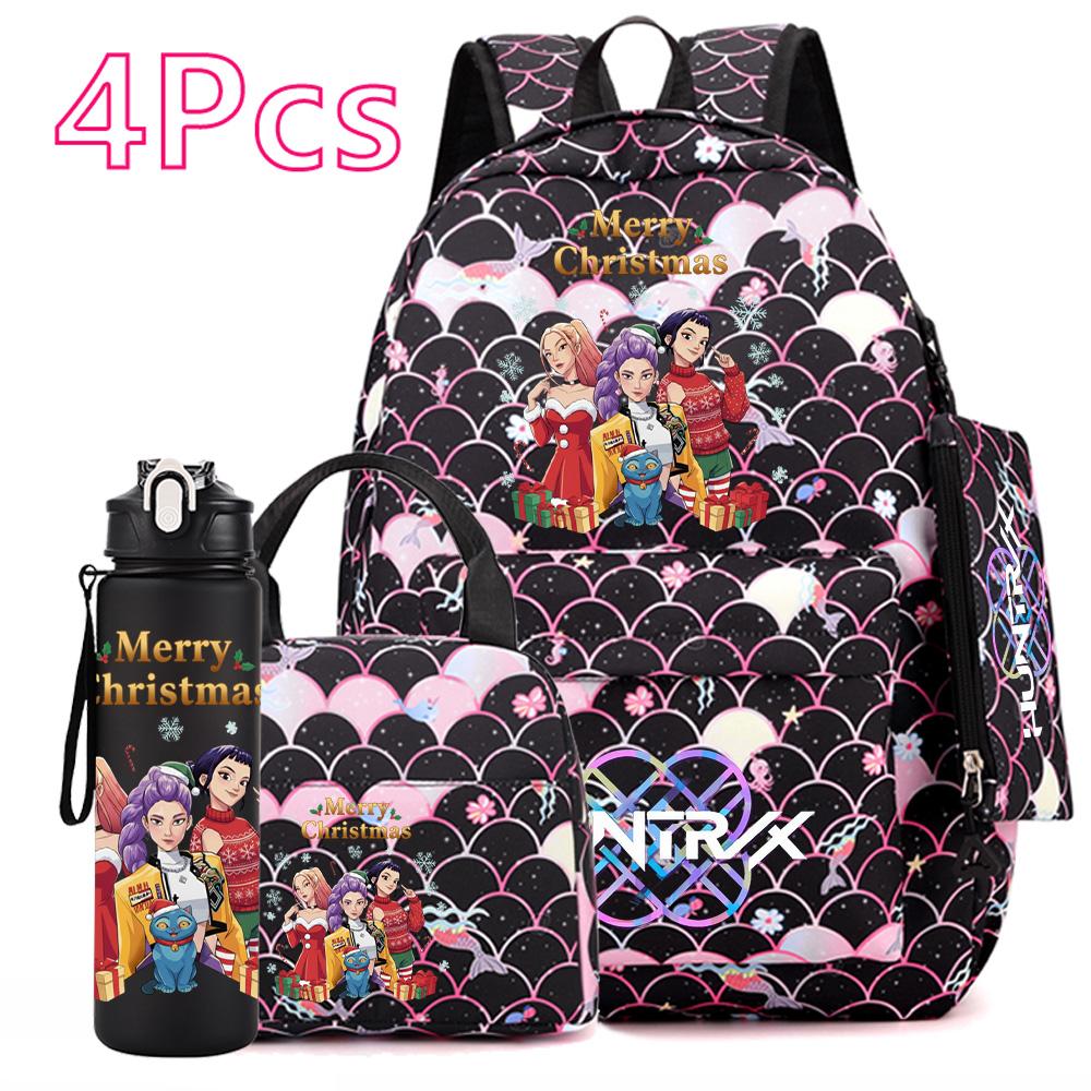 4Pcs/set Christmas Kpop Printed Backpack with Handbag Pencil Case 750Ml Water Bottler for Teenager Boy Girl Large Capacity Bookbag Schoolbag Kid Gift