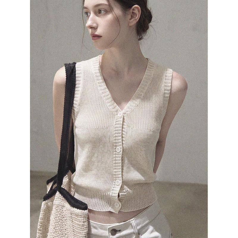 apricot v-neck knitted cardigan vest top women's summer sleeveless vest small short wear vest outside