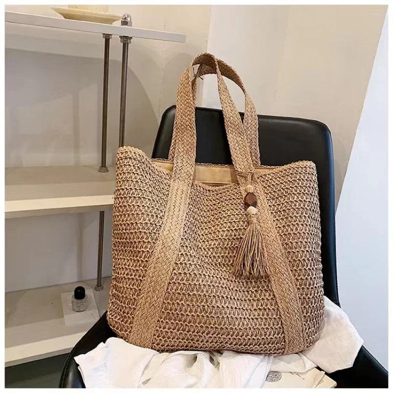 Fashion Straw Summer Large Capacity Tote Bag Women Shoulder Bag Handmade Woven Fresh Rural Handheld Grass Woven Women Bags