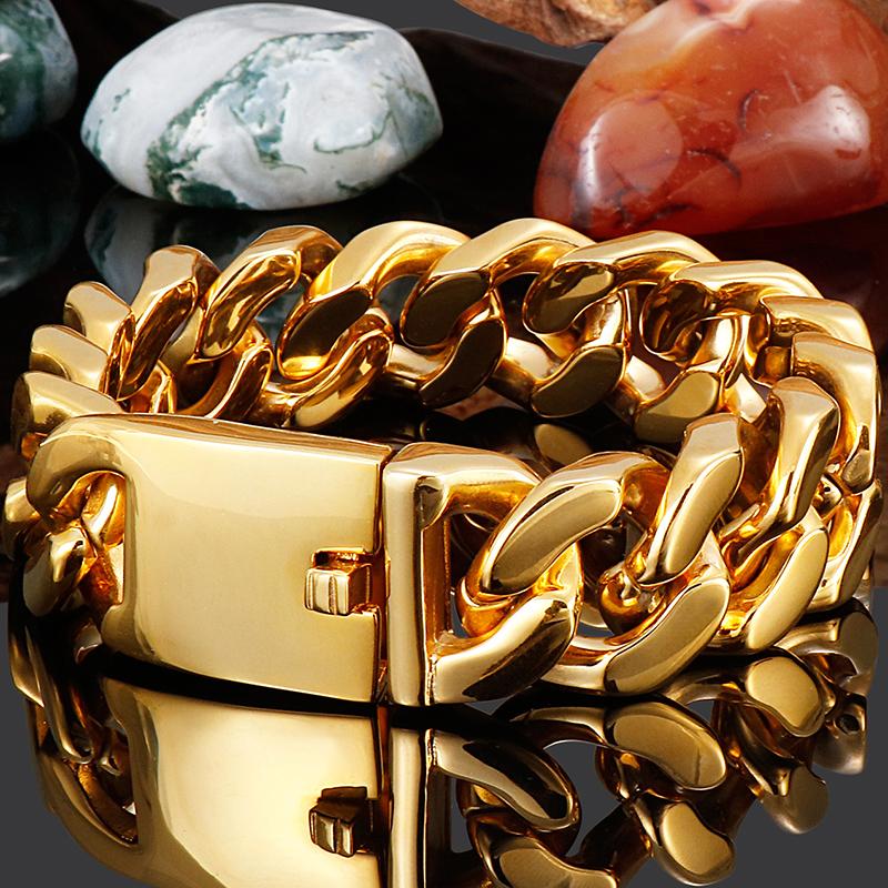 Polished Stainless Steel Hand Accessories 20MM Wide Iron Cuban Chain Men's Wrist Bracelet Luxury Never Fade Gold Color Men‘s Jewellery Boy