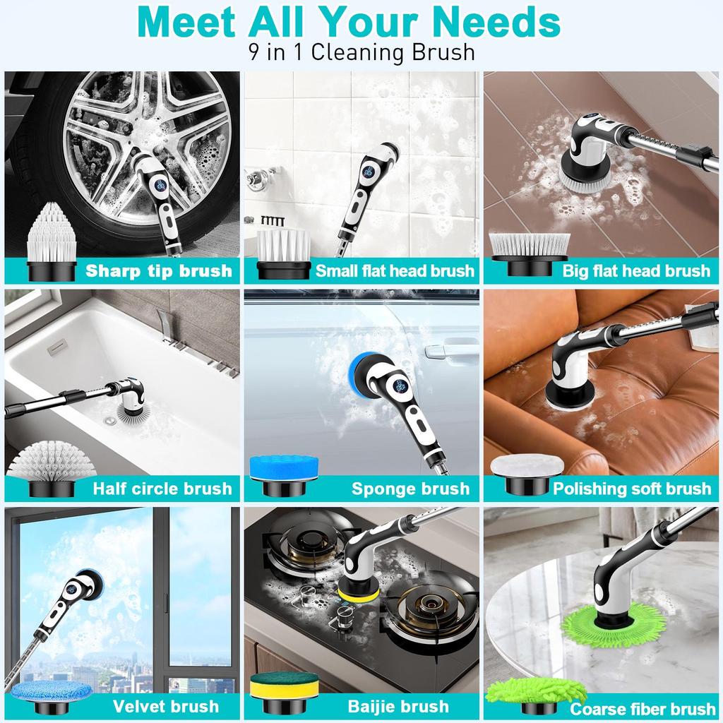 Multifunctional Wireless Electric Cleaning Brush with Digital Display, Voice Prompts, Long Handle, and IPX6 Waterproof.
