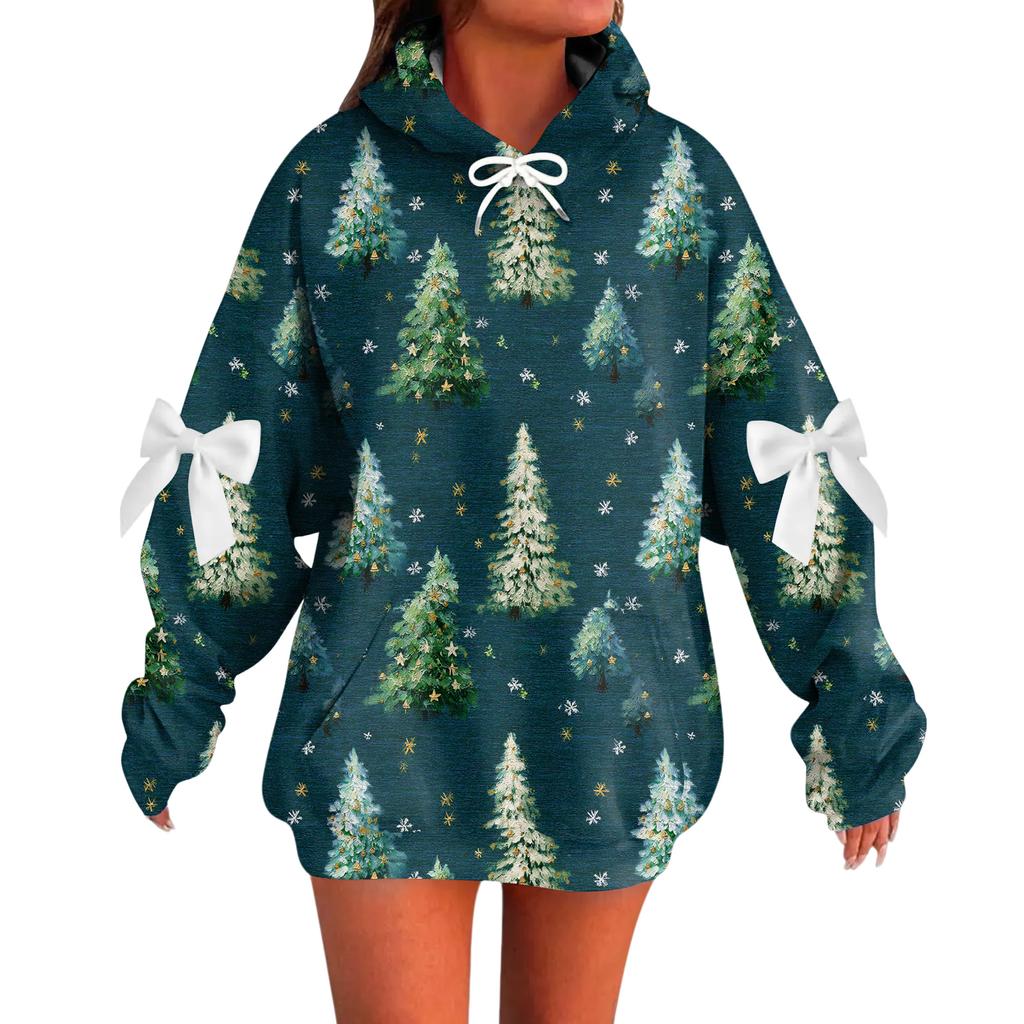Ladies' Christmas Printed Bow Long Sleeved Loose Fitting Headband With Rope Hooded Sweatshirt Top