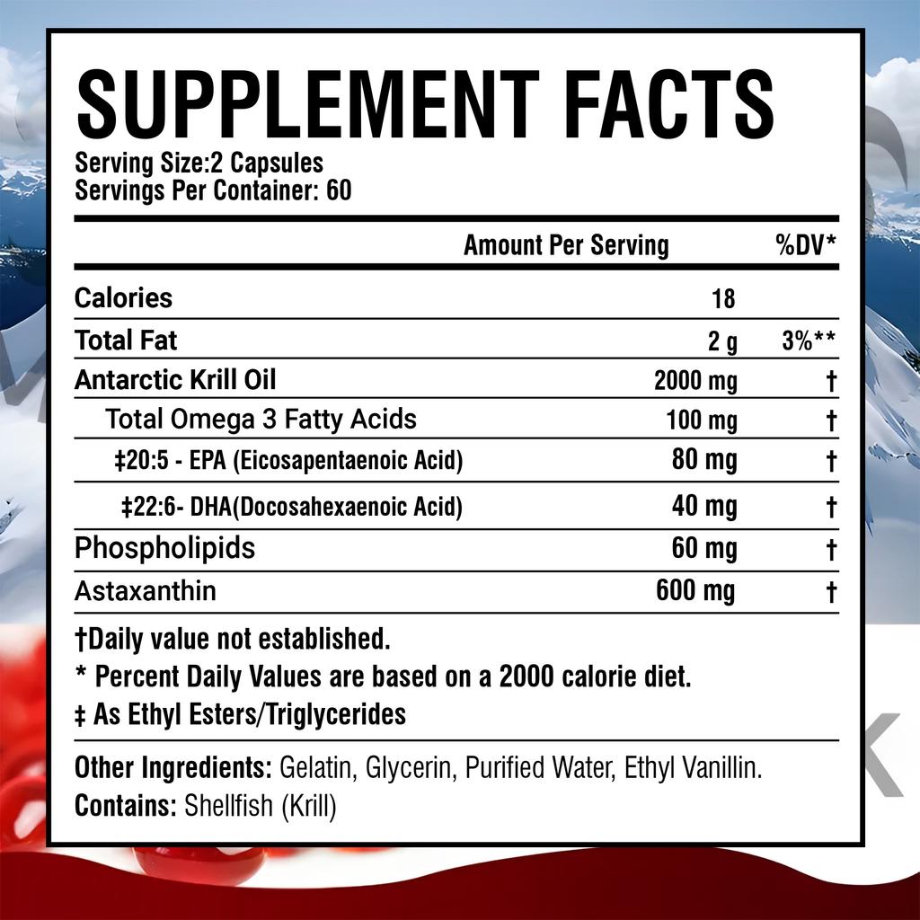 Antarktisches Krillöl 2000 mg mit Omega-3-Fettsäuren EPA, DHA, Astaxanthin und Phospholipiden