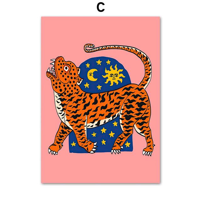 Tiger Mother Cartoon Animal Pink Wild Tiger Snake Wall Art Canvas Painting Nordic Posters Prints Pictures Kids Living Room Decor No Frame