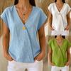 Dames V-hals Blouse met Korte Mouwen Normale Pasvorm Enkele Knop Wikkel Voorkant Effen Linnen Casual Top