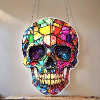 2Pcs Halloween Sun Catcher 2D Acrylic Witch Hat Hanging Ornament Colorful Bat Skull Decoration for Windows Festive Home Decor
