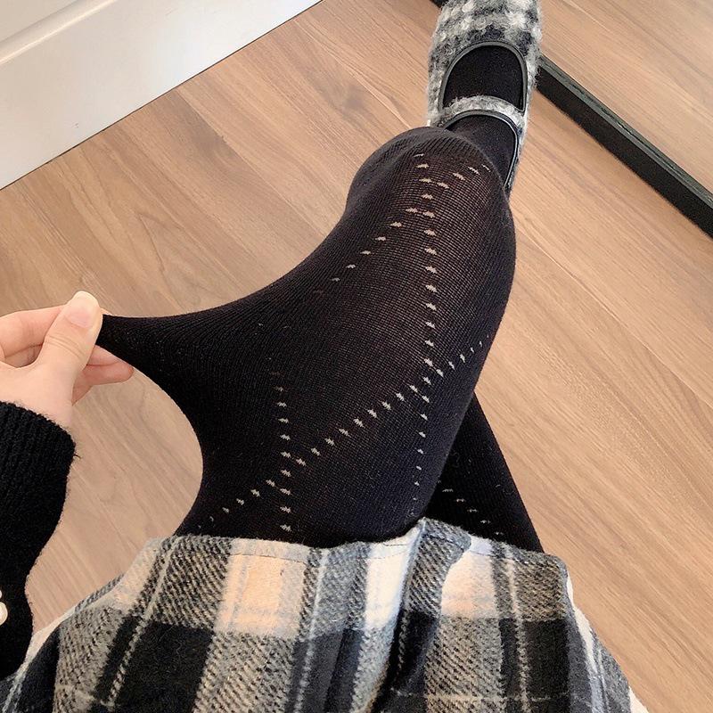 Meias Brancas de Espessura Média para Outono/Inverno & Collants de Bolinhas Cinza Fumo, Leggings Branco Leite Forradas em Algodão