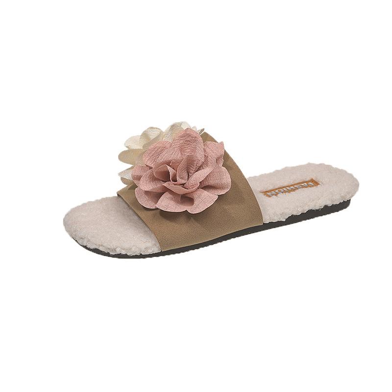 

European and American fashion fluffy slippers women flower lazy one pedal fashion new casual open-toe one-word cotton slippers women 35