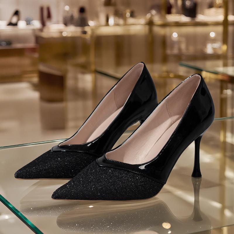 Fashion Patent Leather Spliced Stiletto Single Shoes Autumn New Pointed Toe Shallow Mouth Slip Foot Anti-Slip Wear-Resistant High Heels