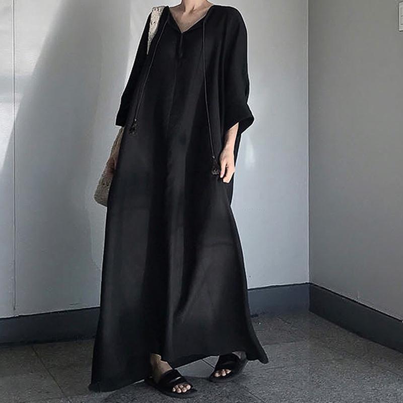 Women V-neck 3/4 Sleeve Cotton Dress Summer Loose Casual Kaftan Long Dress
