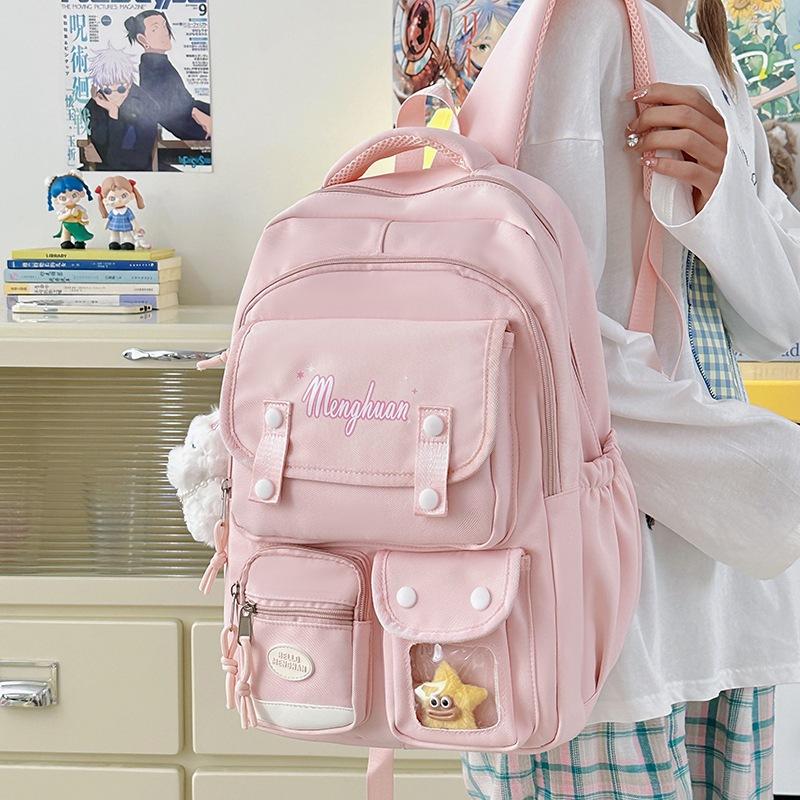 

School bag, junior high school girls, multi-pocket backpack, high school , large-capacity load reduction, ridge protection, cute versatile backpack single bag will send a badge. розовый