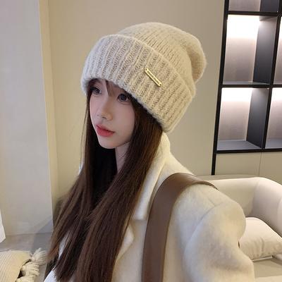 Warme Woll-Fleece-Mütze Damen Herbst und Winter Koreanischer Stil Trendig Metall-Label Strickmütze Herren Gesicht freilassend Klein Locker Dicke Wollmütze