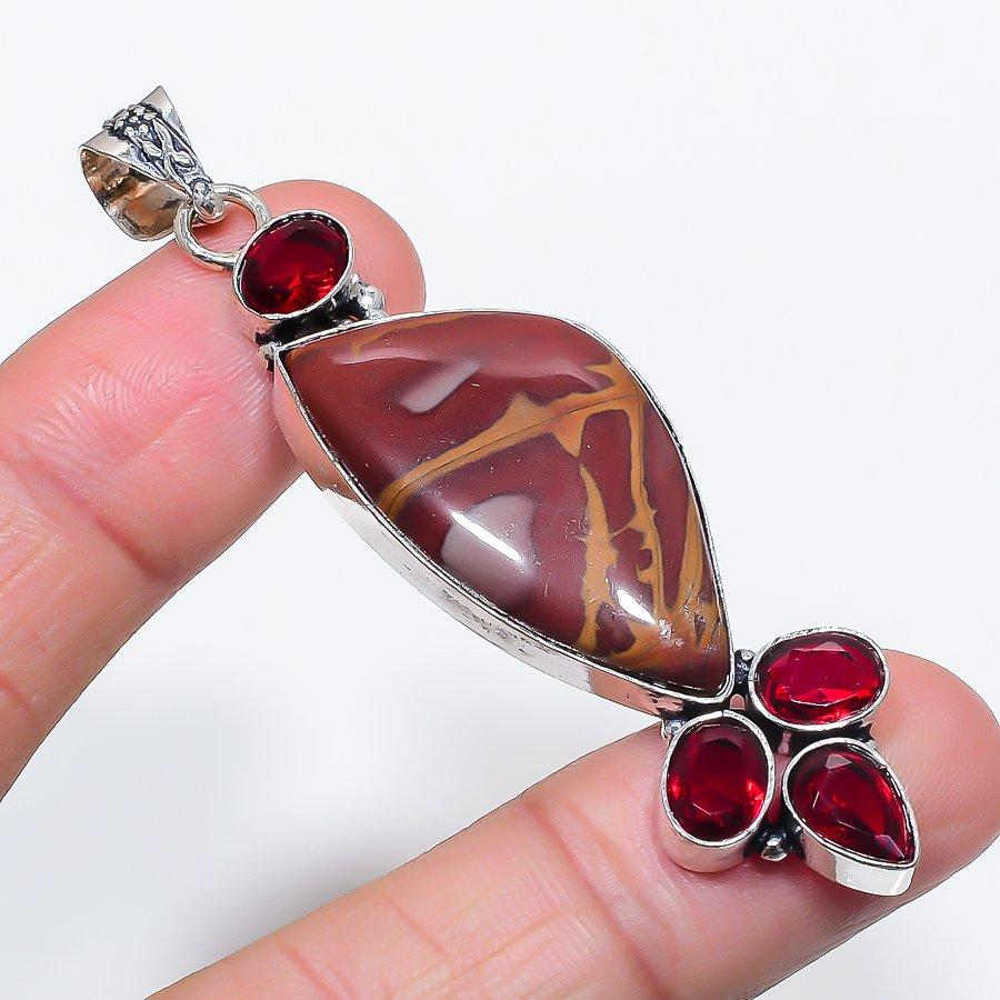 Natural Noreena Jasper, Garnet 925 Sterling Silver Jewelry Pendant 2.96" p0i74
