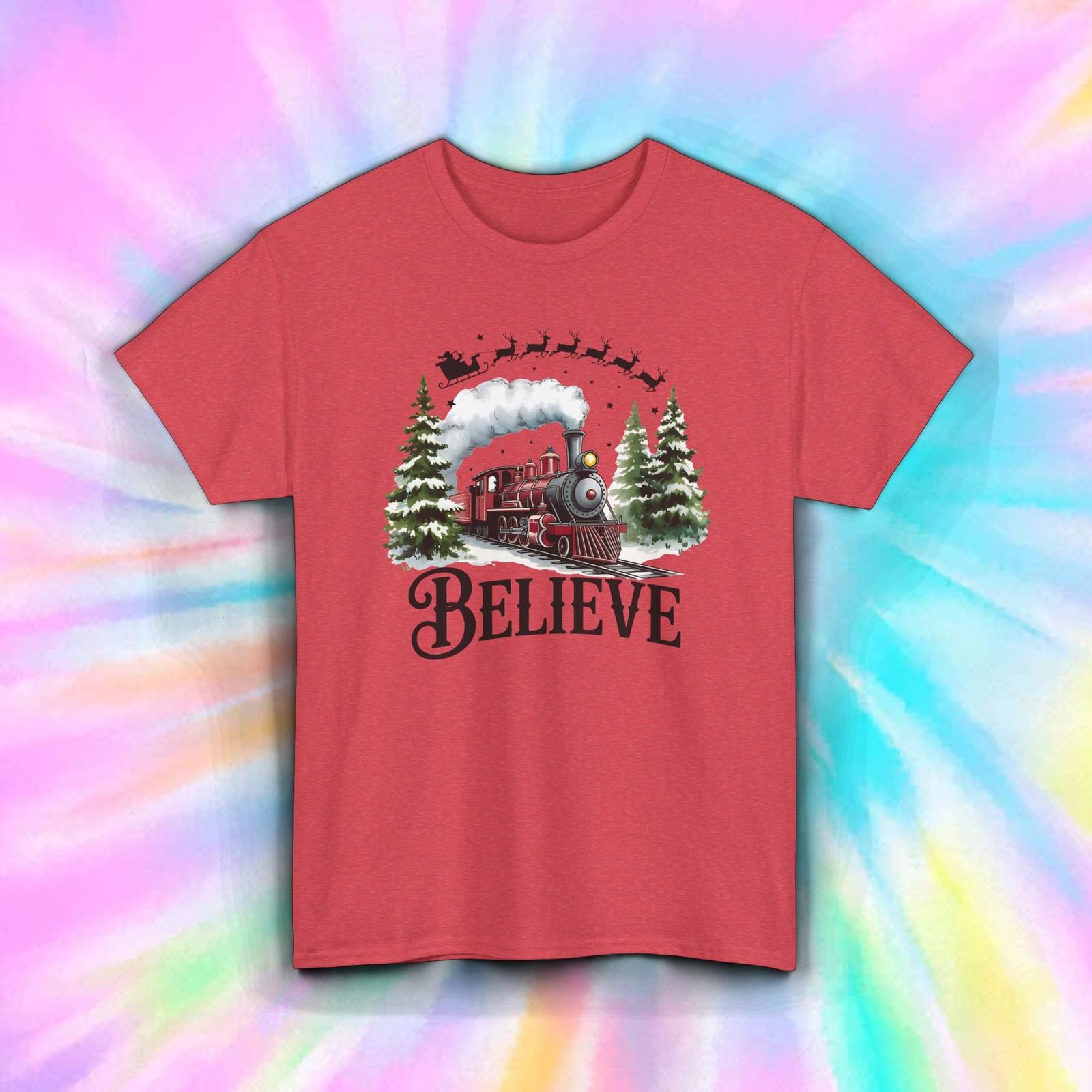 Believe Christmas Train T Shirt Holiday Santa Sleigh Graphic Tee Gift S-5XL S