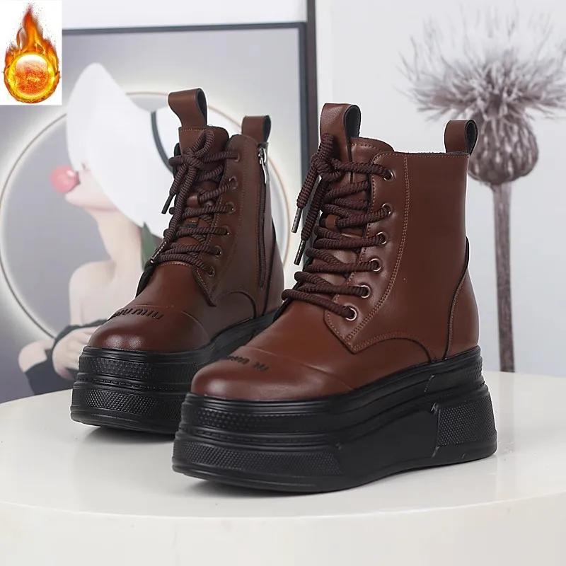Fashion 12CM Cow Genuine Leather Spring Women Autumn British Motorcycle Fashion Ankle Boots Platform Wedge Flats Slip On Shoes