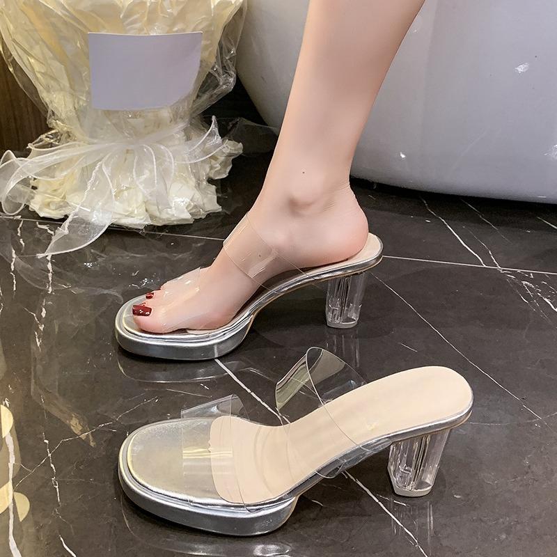 Fashion Fashionable Crystal Square Heel Slippers Summer New Round Toe Transparent Strap Waterproof Platform Anti-slip High Heels