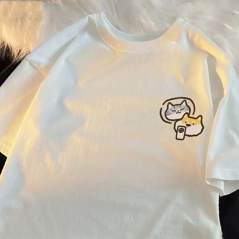 Cat Dog and Mobile Phone Print Women Round Neck Short Sleeve Soft Comfortable Streetwear Summer Fashion Women Clothes