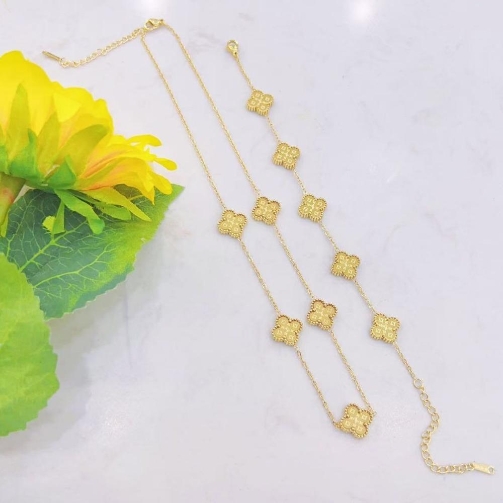 2 Piece Titanium Steel 13mm 5 Flower Clover Necklace Bracelet Set Women's Collarbone Chain Jewelry Set