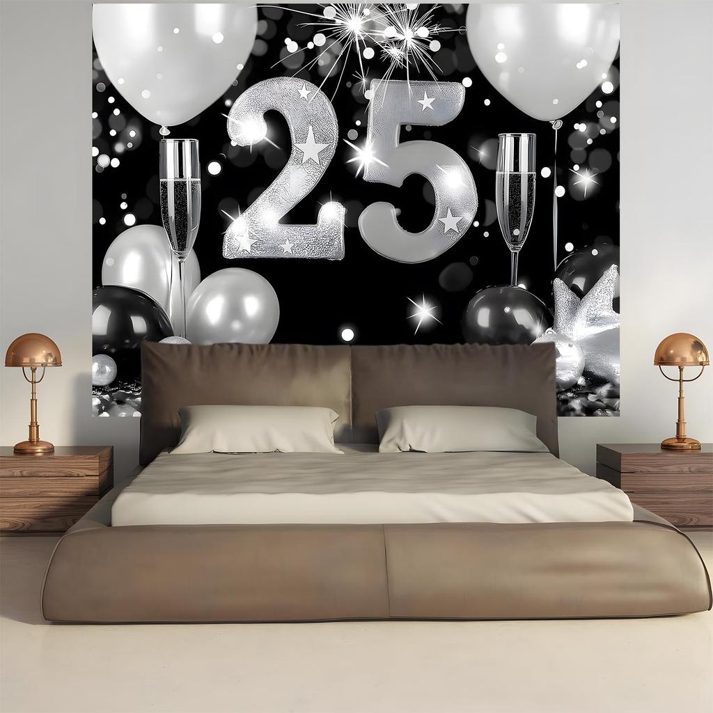 1pc Elegant Black and Silver 25th Anniversary Wedding Backdrop Banner Photography Wall -S