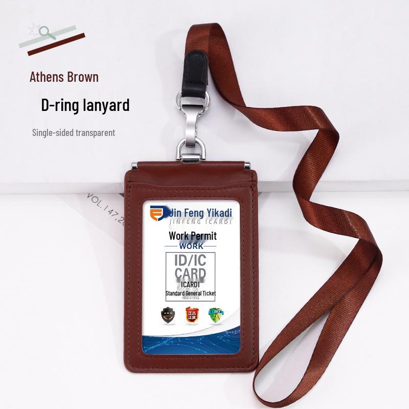 Genuine Leather Double-Sided ID Card Holder with Lanyard, Large Transparent 70x100mm Badge Cover