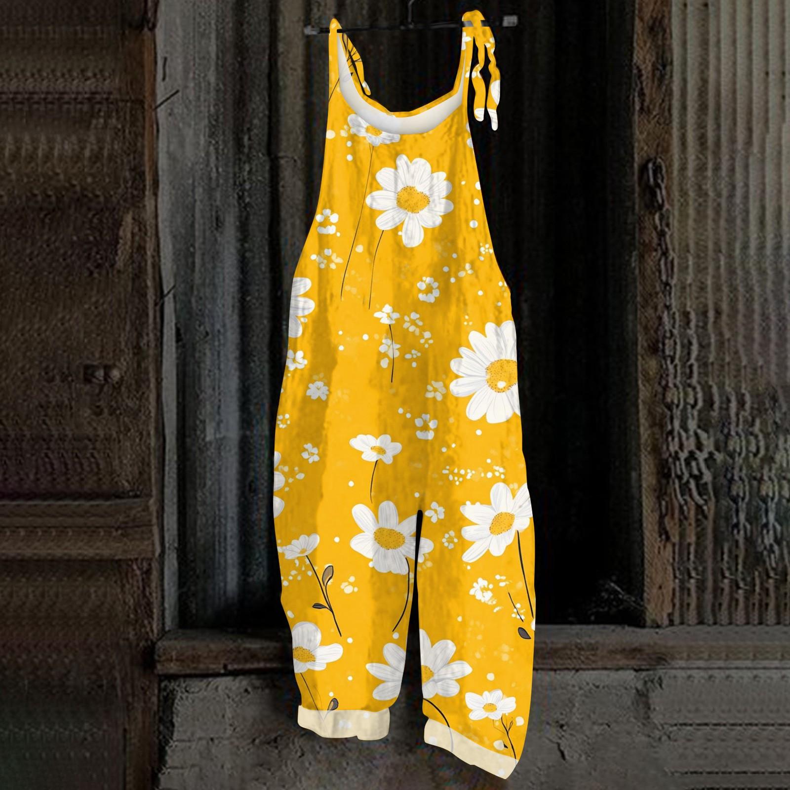 

Женский комбинезон с рождественским принтом, повседневный свободный винтажный комбинезон из хлопка и льна M жёлтый