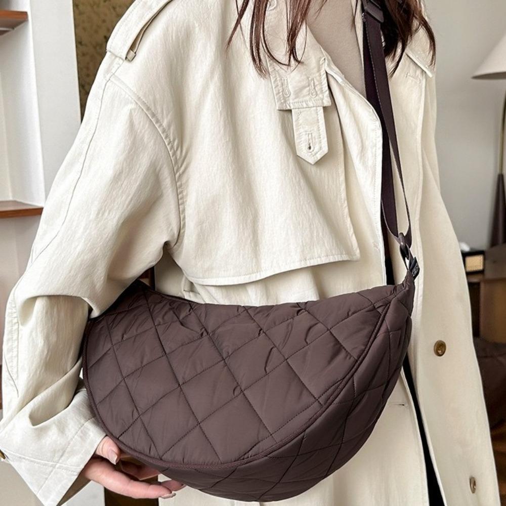 Solid Color Plaid Crossbody Bag Padded Nylon Shoulder Bag Fashion Half Moon Bag  Shopping