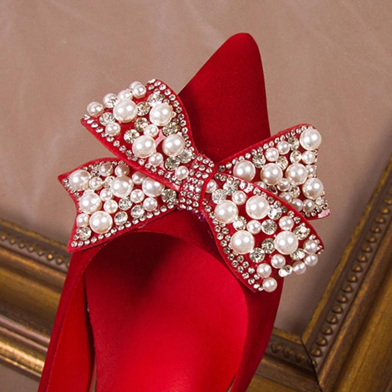 Fashion Rimocy Elegant Ladies Red Silk Wedding Bride Shoes Pearl Bowknot Pointed Toe Pumps Women Sexy Party Dress High Heels Shoes Woman