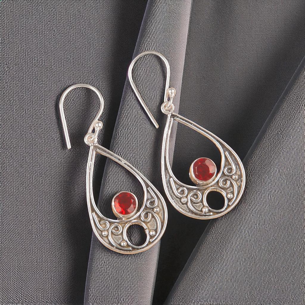 Red Garnet Gemstone 925 Sterling Silver Handmade Jewelry Dangle Earrings 1.91" EE-90-23