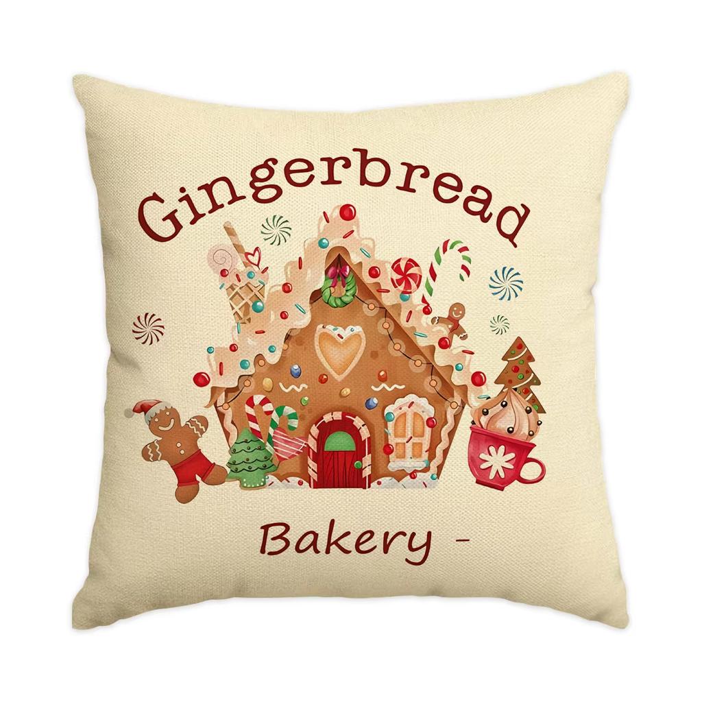 Khaki Christmas Pillowcases Candy Gingerbread Bakery Design Cushion Covers for Winter Holiday Home Sofa Decor