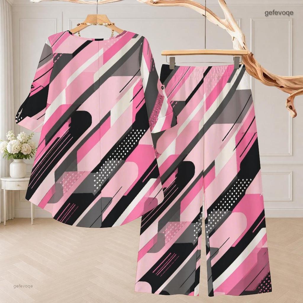 Women Plus Size Round Neck Three Quarter Sleeve Geometric Printed High Low Top And Long Pants Two Piece Set