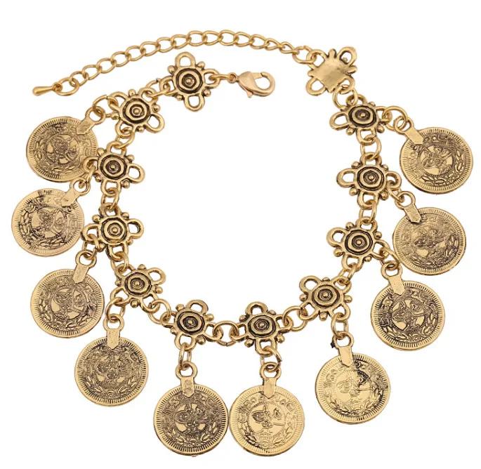 Party Hippy Boho Beach Turkish Jewelry Gold Color Coin Vintage Bohemia Carved Coin Anklet Bracelets Bangles for Woman Pulseras