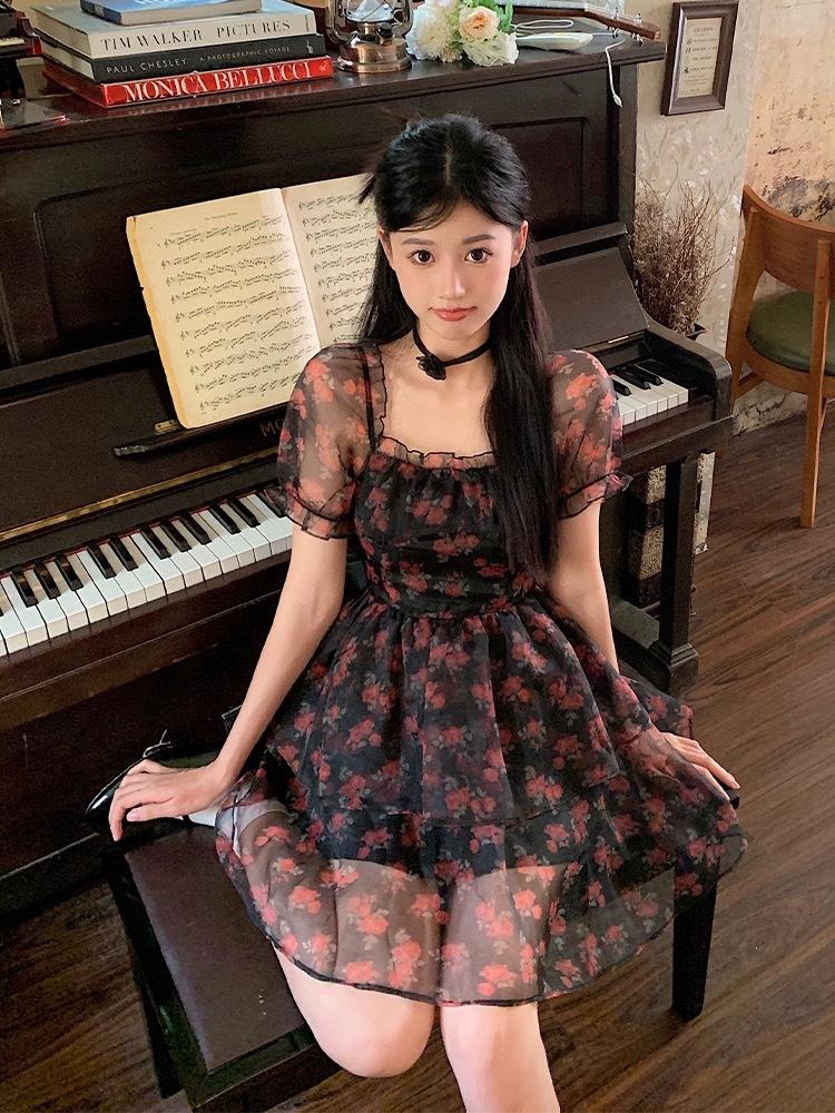 Coffee break French floral with suspenders dress women's summer waist thin back bow tie fluffy princess dress