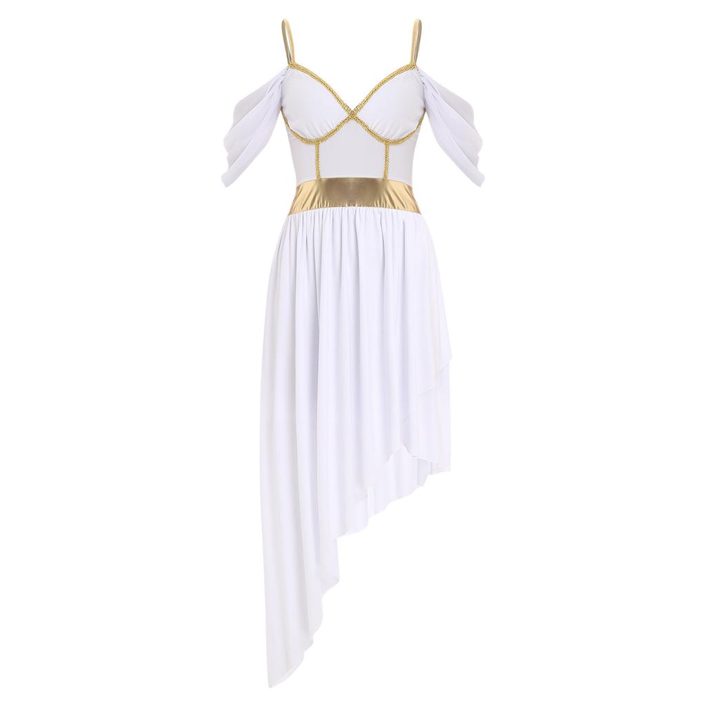 Womens Greek Roman Queen Costume Metallic Shiny Patchwork Off Shoulder Asymmetrical Hem Sling Dress Halloween Party