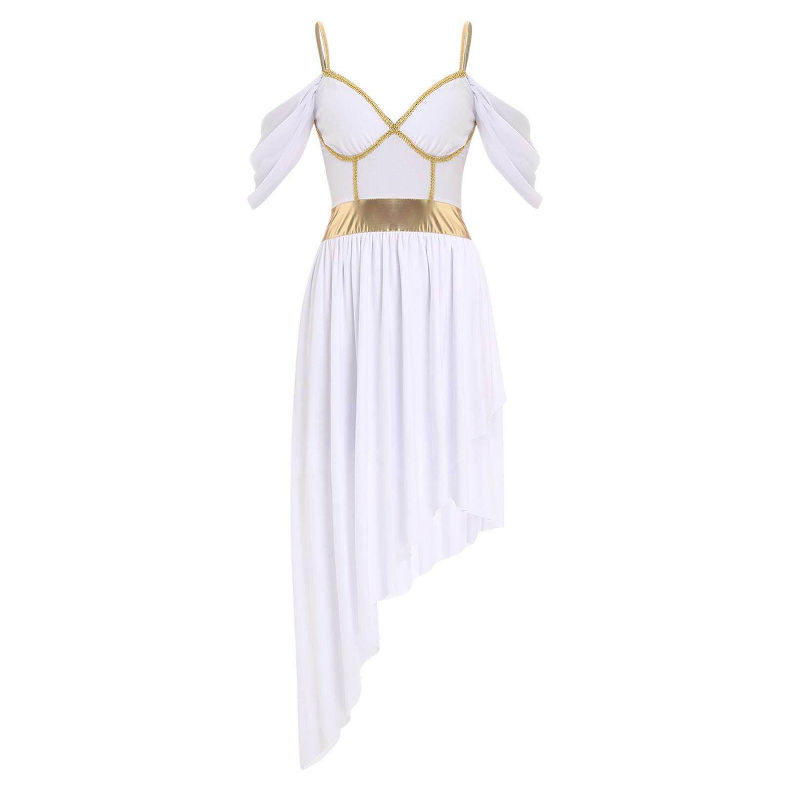 

Жіночий грецький римський костюм королеви Металевий блискучий печворк З відкритими плечима Асиметричний поділ Сукня на бретелях для Хелловіну 3XL білий