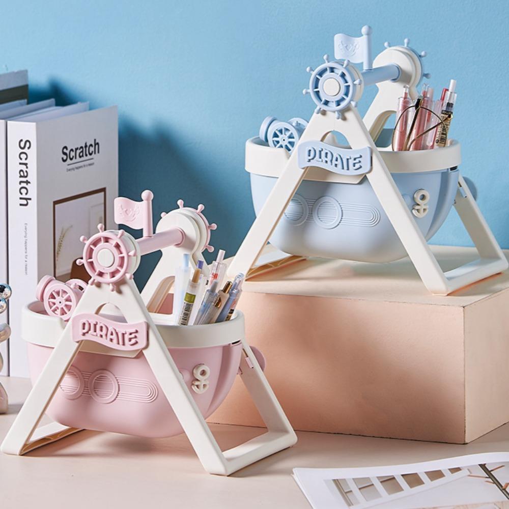 Creative cartoon desktop pirate ship pen holder book stand cute girl student decoration ornament multifunctional storage box