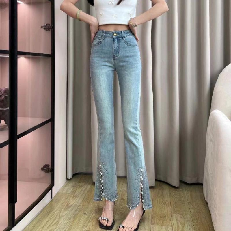 

2025 Rhinestone Split Flare Denim Pants – High Waist, Slimming, Elastic, Bodycon Style XL синий