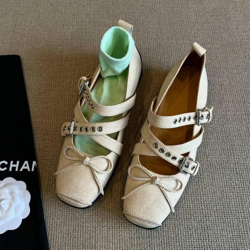 2025 Spring and Autumn New Shallow Mouth Hollow Square Head Flat Shoes Retro Multi Functional Bow Ballet Shoes for Women