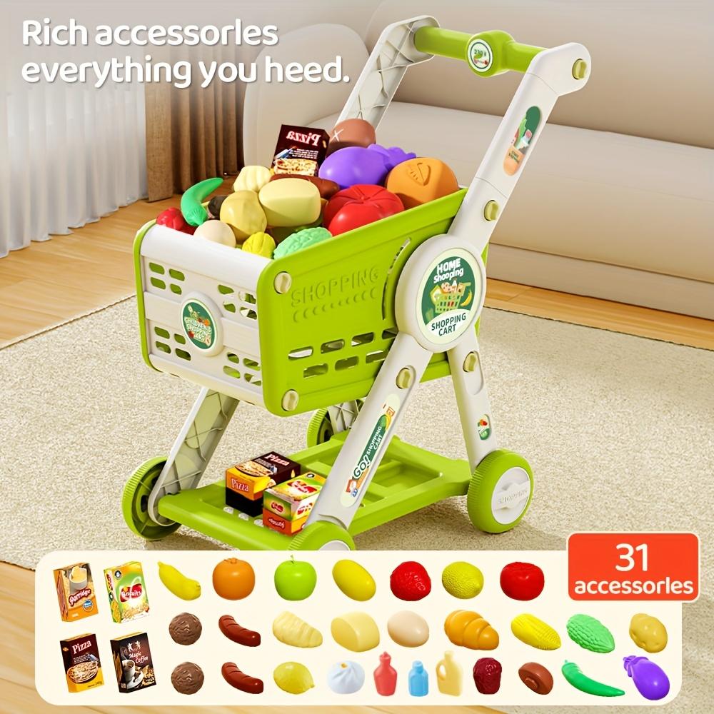 31pcs Kids Play Shopping Cart Set, Red and Green, Made of Other Plastic Material, with Play Food Fruit Vegetable Dessert and Shop Accessories