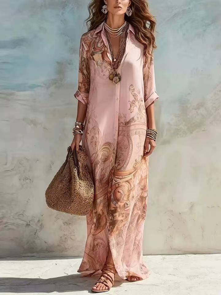 European Style Chiffon Print Vintage Women Clothing Maxi Dress M