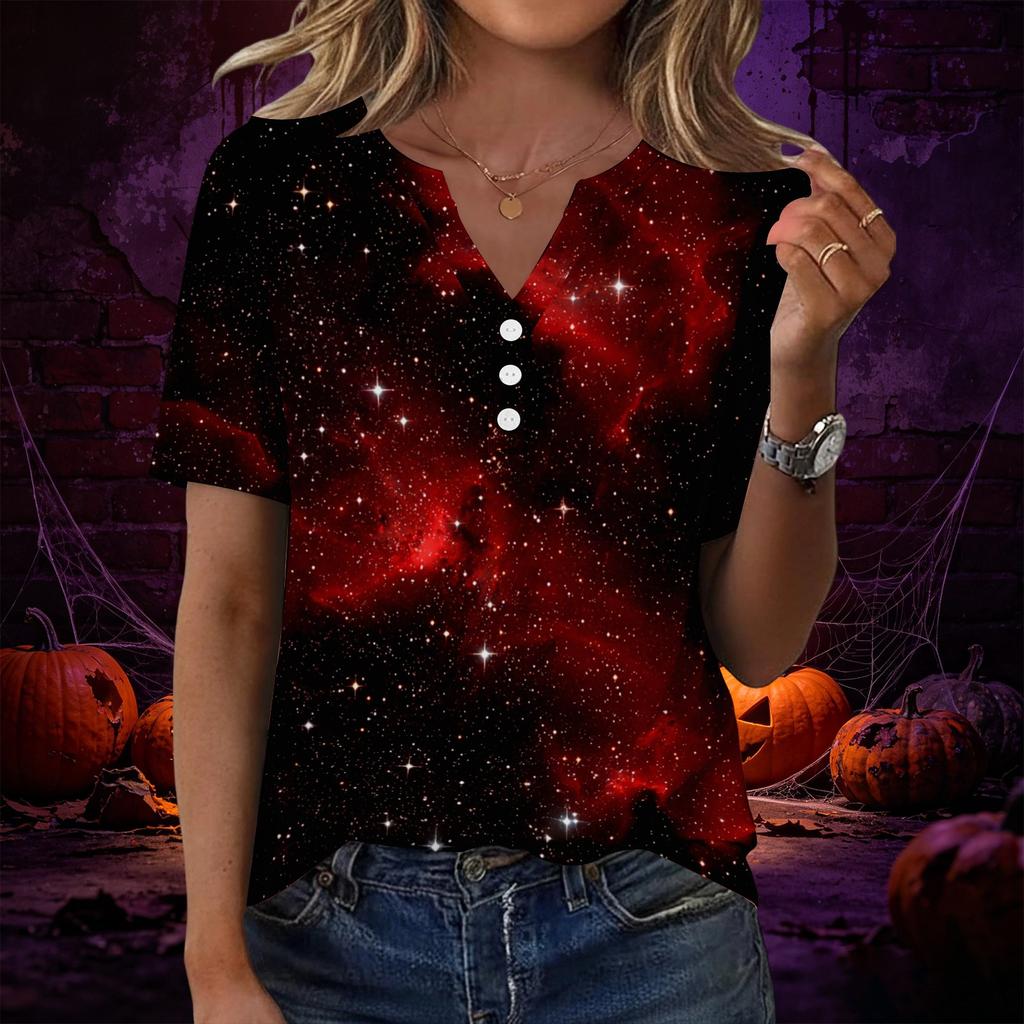 Women's Casual Halloween Print V Neck Short Sleeve Button Decor T Shirt Top Lightweight Comfortable Fit for Everyday Wear