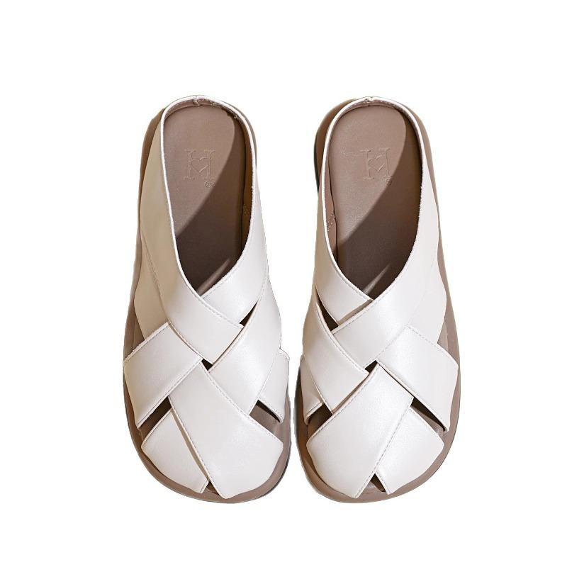 Summer Woven Flat-bottomed Toe Slippers Women's Retro Perforated Shoes Casual Sandals