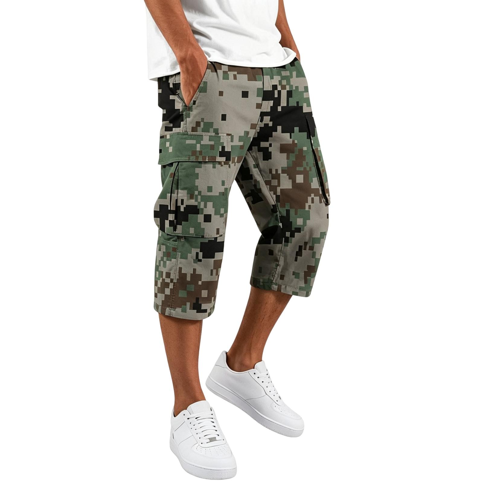 Men s Camouflage Cargo Capri Pants Drawstring Elastic Waist 4 Pockets Workwear Mid-Length Casual Bottoms for Outdoor Activities XXXL