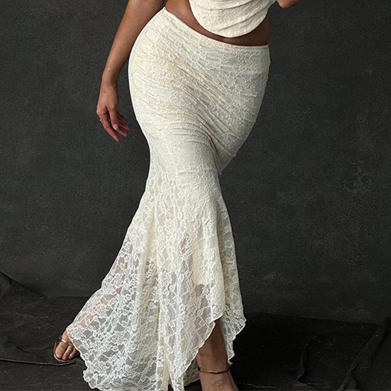 Elegant Lace Two Piece Set Women Irregular Long Skirt and Corset Top French Style Bodycon Dress Matching Sets