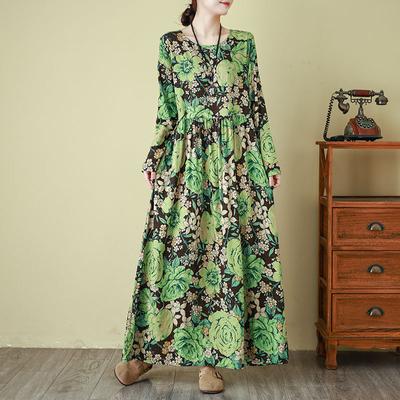 Damen Böhmische Kleider mit Blumenmuster in großen Größen, lange Ärmel, lockere Baumwolle und Leinen, dünner O-Ausschnitt, langes Kleid