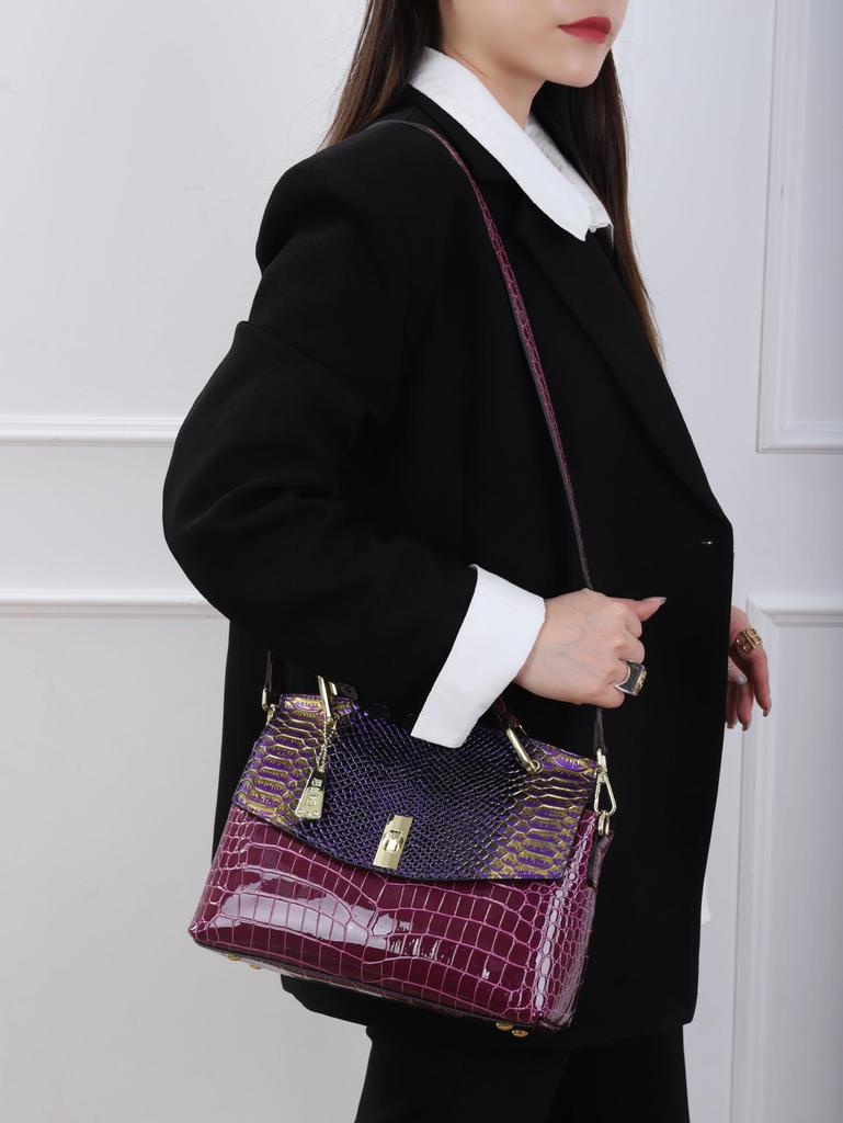 2024 Crocodile Pattern Patent Leather Women's Accordion Shoulder Bag - Fashionable, High-End Design