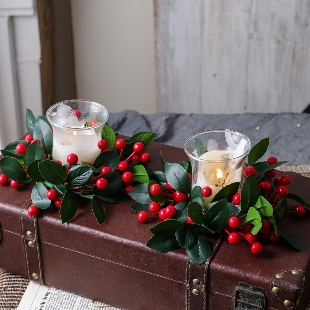 Christmas Wreath Artificial Berries Pinecone Pine Candlestick Wreaths Candle Holder Garland Home Xams Party Table Decoration