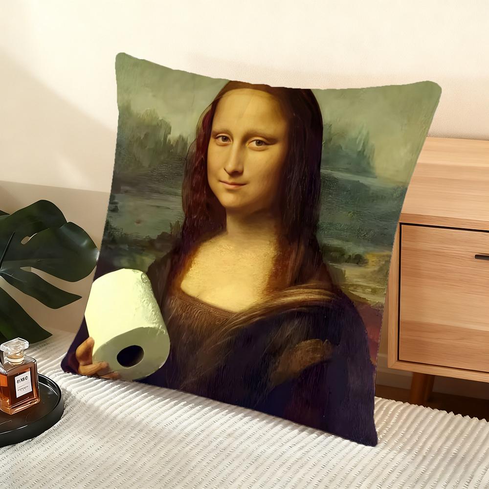 Mona Lisa Wearing Pearls Girl Cushion Cover Soft Short Plush Pillow Cover Smooth Cozy Texture Aesthetic Cushion Case Home Decor