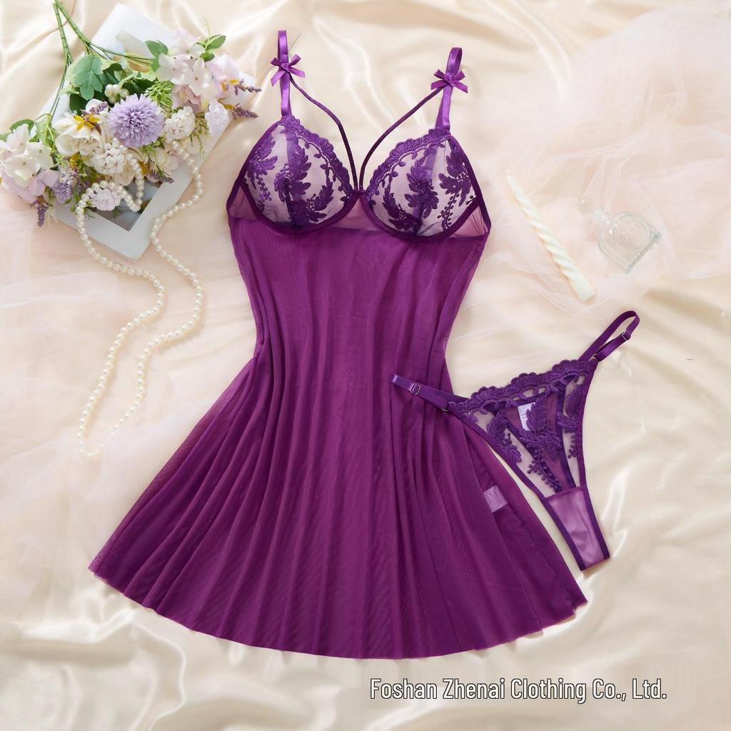 Multi-Color Bow Wheat Ear Embroidered Deep V See-Through Lingerie Set with T-Back