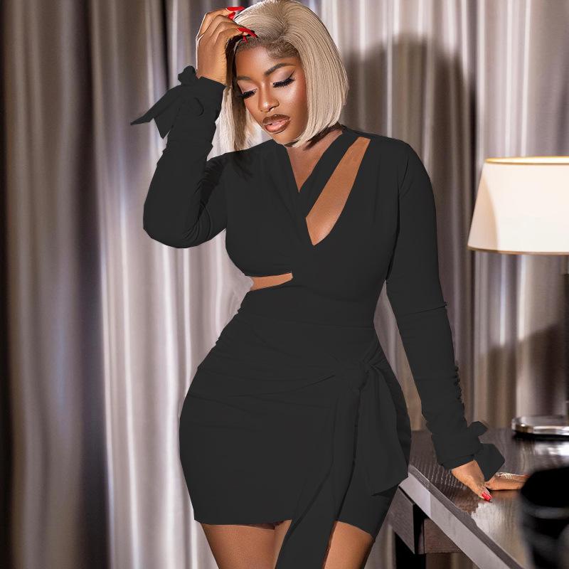 European and American Style Solid Color Sexy Deep V Backless Lace Up Waist Cinching Temperament Street Hugging Short Skirt